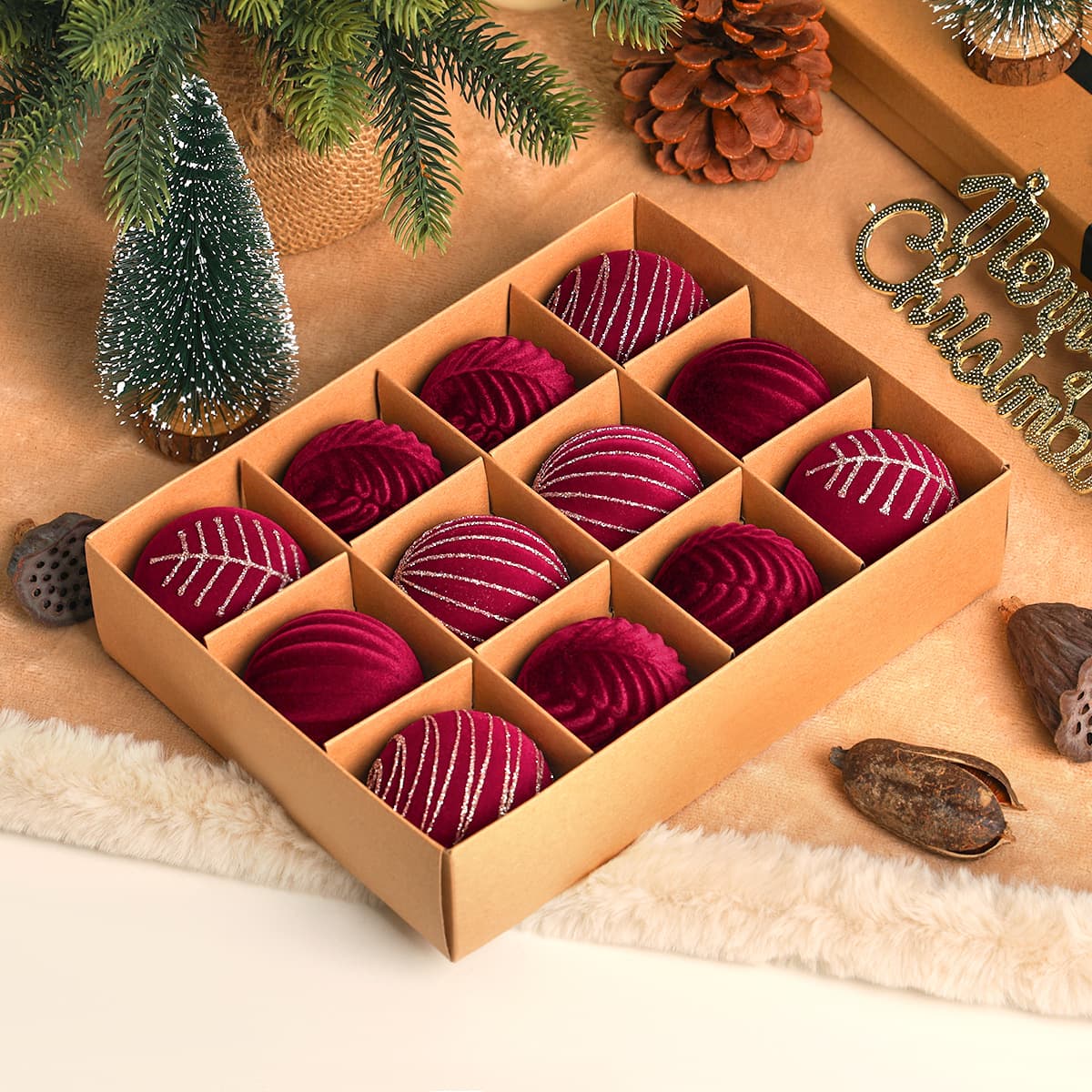 Red flocked Christmas ball ornament gift set